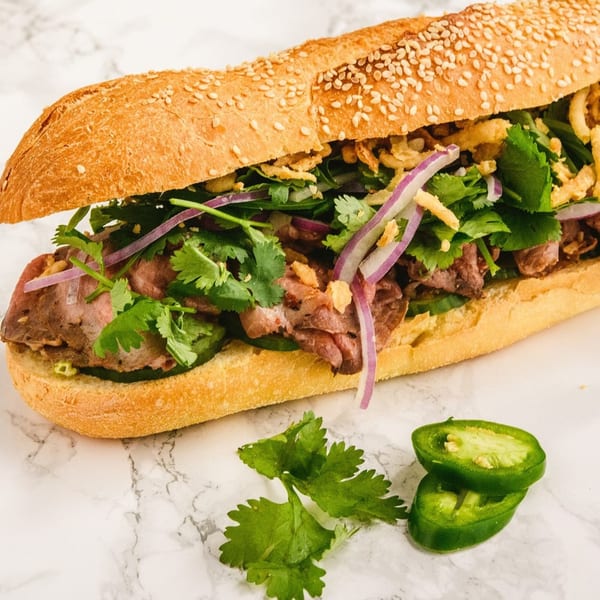 Taylor Gourmet sandwich with sliced beef, red onions, cilantro, and crispy fried onions on a sesame seed bun.